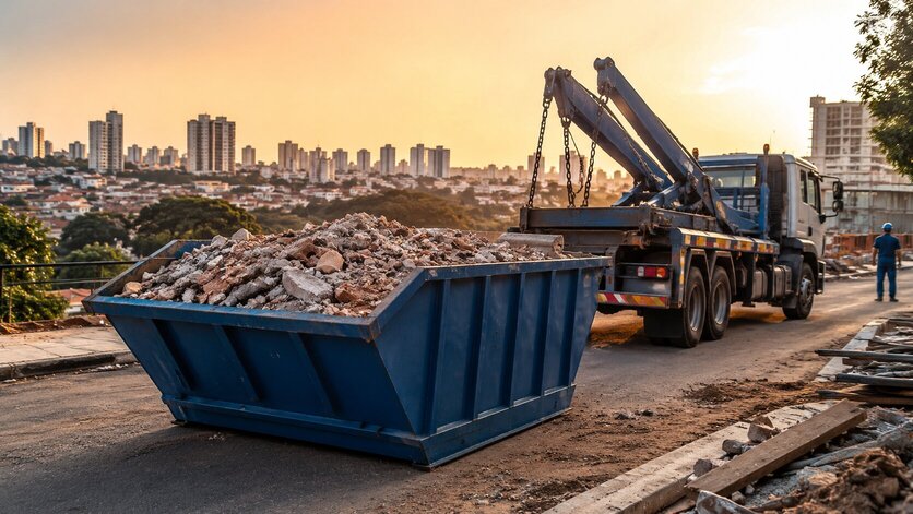 Caçamba de entulho em obra urbana em Campinas