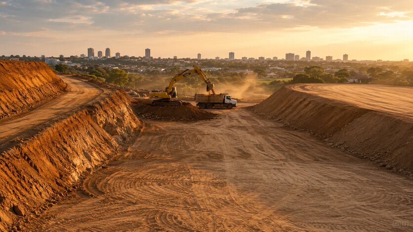 Terreno com corte, aterro e movimentação de terra com máquinas