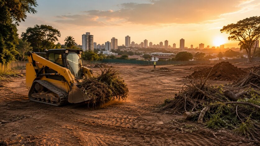 Bobcat realizando limpeza mecanizada de terreno antes da obra