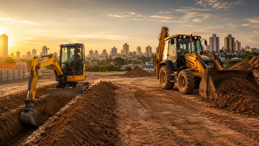 Mini-escavadeira e retroescavadeira em canteiro de obras