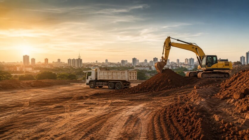Máquinas trabalhando em terraplenagem em Campinas ao entardecer